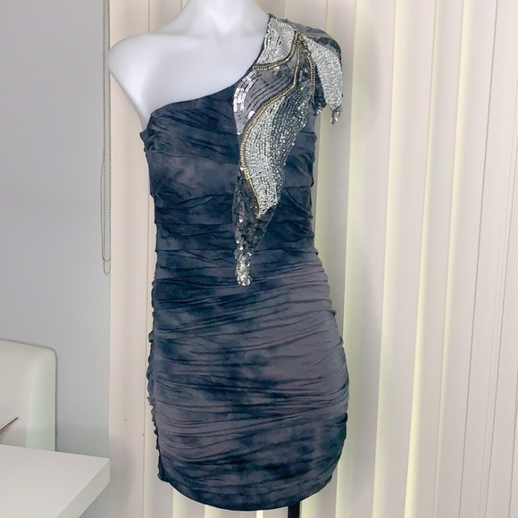 Marciano Sequin Embellished Single shoulder Rouched Tie dye mini dress Small - Picture 1 of 8